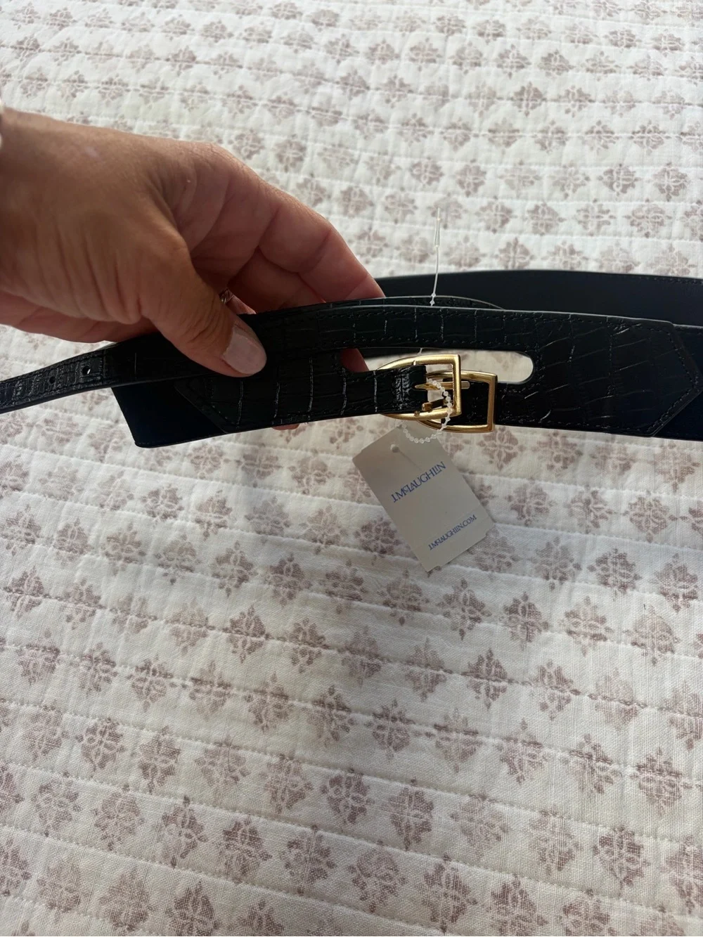 J. McLaughlin Black Croc-Embossed Leather Belt with Gold Buckles